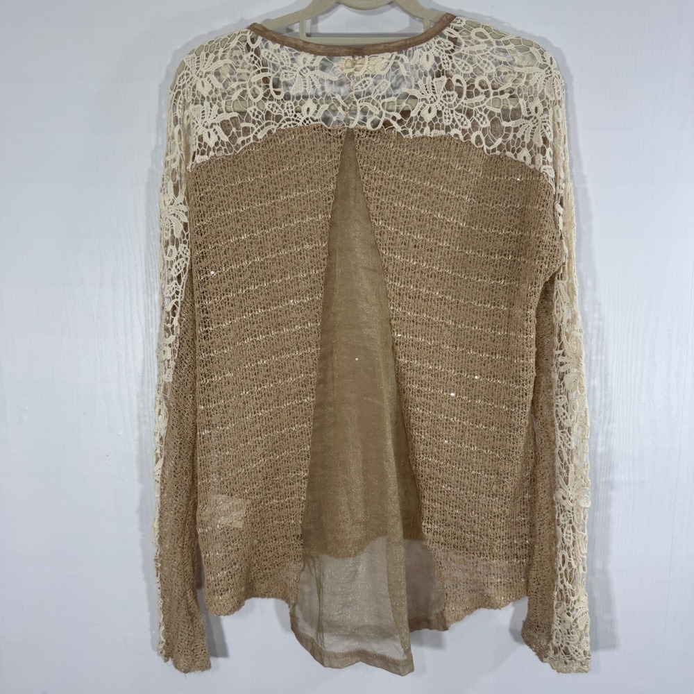 a'reve‎ Womens L Lace Long Sleeve Boho Knit Top Beige Brown Casual Pullover - Picture 2 of 12